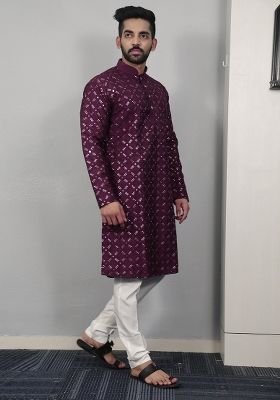 Wine Embroidered Silk Kurta Set For Men