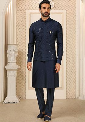 Navy Blue Sequence Embroidered Silk Kurta Set For Men