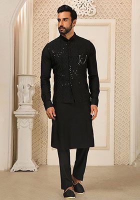 Black Sequence Embroidered Silk Kurta Set For Men