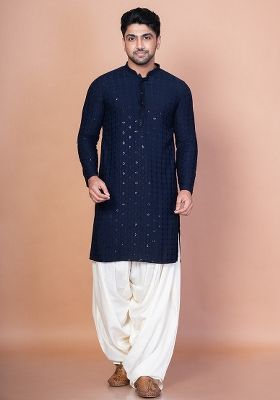 Navy Blue Embroidery Cotton Blend Kurta For Men
