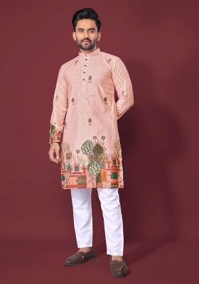 Pink Embroidered Cotton Kurta With Pyjama For Men