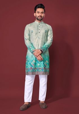 Turquoise Embroidered Cotton Kurta With Pyjama For Men