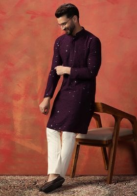 Purple Embroidered Cotton Kurta Pajama Set For Men