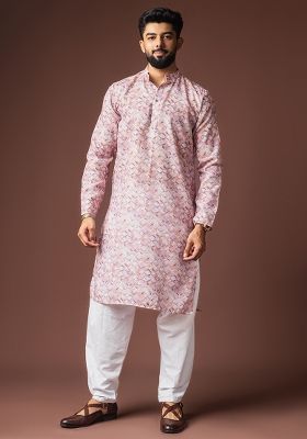 Pinkish Multicolor Printed Linen Kurta For Men