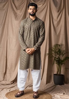 Mehandi Green Weaved Rayon Kurta For Men