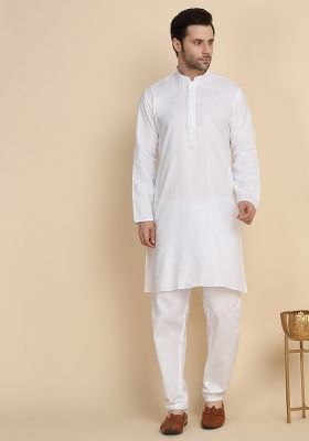 White Solid Cotton Blend Kurta Set For Men