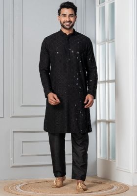 Black Embroidery Silk Kurta Pyjama Set For Men
