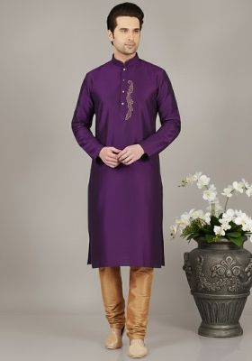 Purple Embroidery Dupion Silk Kurta Set For Men