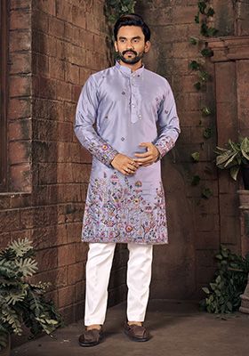 Purple Multi Thread Work Silk Kurta For Men