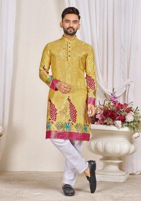Yellow Printed Silk Kurta For Men