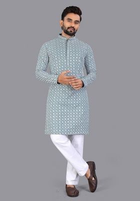 Blue Embroidery Silk Men Kurta Set