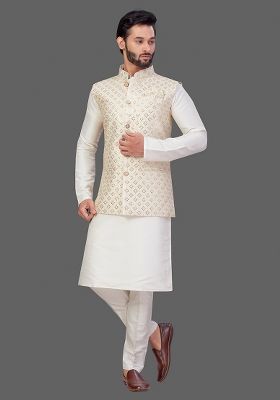 Cream Solid Art Silk Nehru Jacket Set For Men