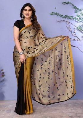 Beige Abstract Print Poly Chiffon Saree Set