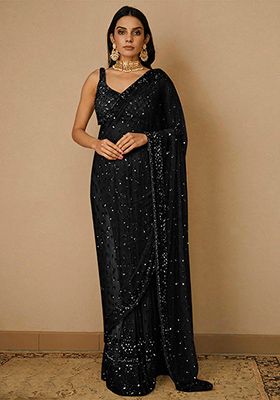 Black Embroidered Soft Net Saree Set