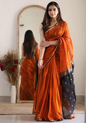 Orange Printed Linen Saree Set