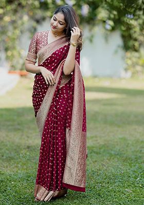 Maroon Printed Blended Silk Saree Set