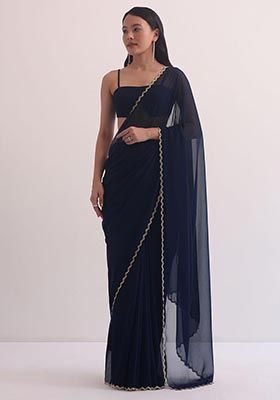 Blue Hand Embroidered Georgette Saree Set