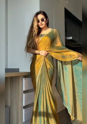 Gold Green Handwork Lace Fendy Chiffon Saree Set
