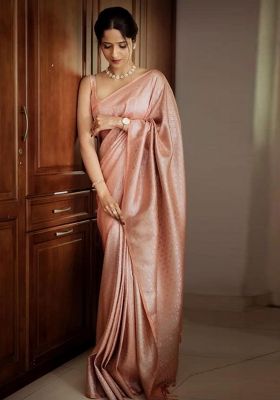 Peach Embroidery Silk Saree With Blouse