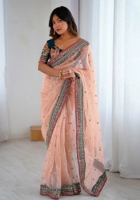 White Zari Embroidery Net Saree